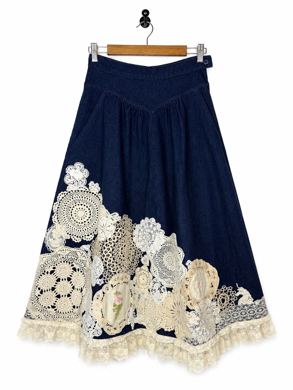 Handmade Upcycled Denim Maxi Skirt Vintage Lace Crochet  Embroidered Boho XS